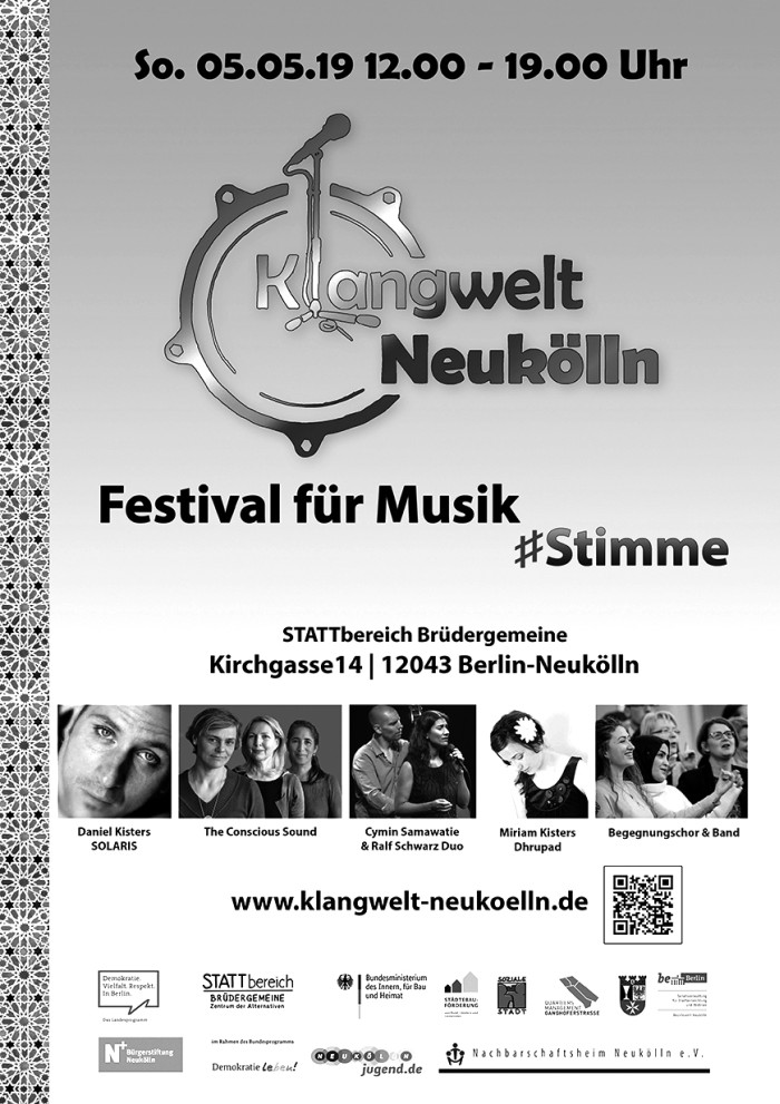 Plakat: Klangwelt Neukölln, Festival für Musik und Stimme, Folk, Kultur, Mai, Sommer, Frühlingslieder, Songs from the World, Druhpad, Berlin, Improvisation, Kunst, Weltmusik, Klassik, Pop, Rock, Gesang